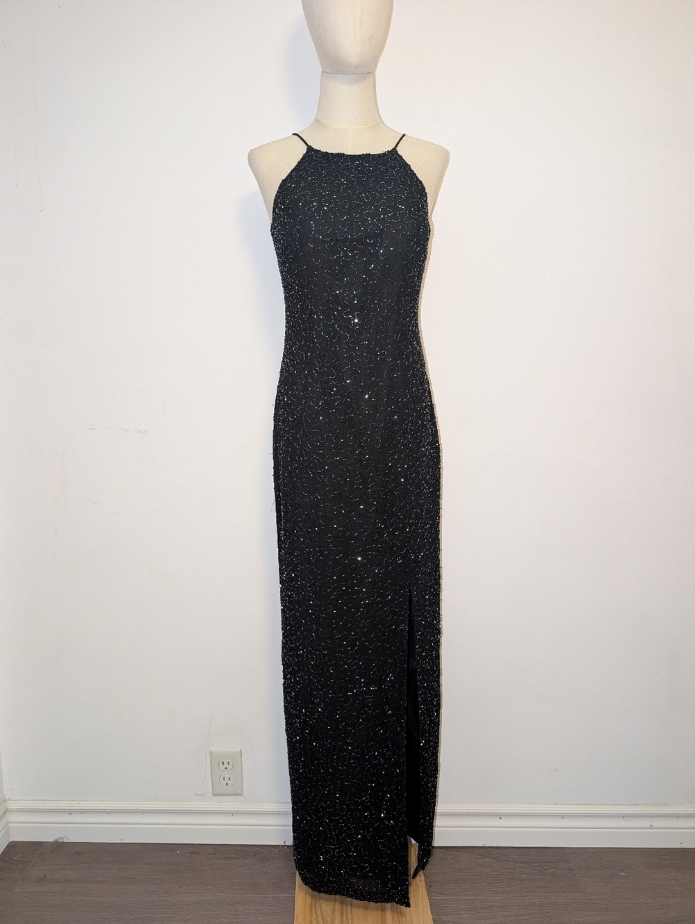 Vintage Beaded Black Halter Style Evening Gown